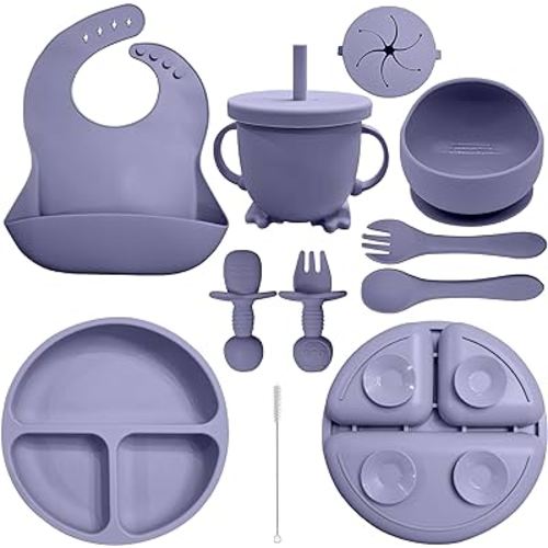 Baby Led Weaning Supplies | 10 Piece Silicone Feeding Set | Baby Toddler Bib Cup Divided Plate and Bowl Self Feeding Spoons Dish Set | Baby Utensils | Toddler Feeding Supplies (Purple)