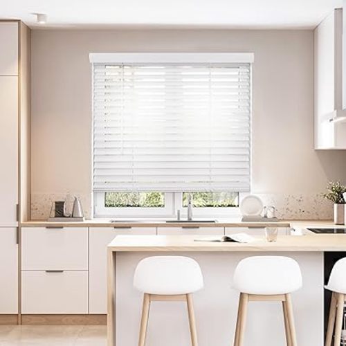 DEZ FURNISHINGS Cordless 2" Smooth Faux Wood Blind, 33.5" W x 60" H, Smooth White