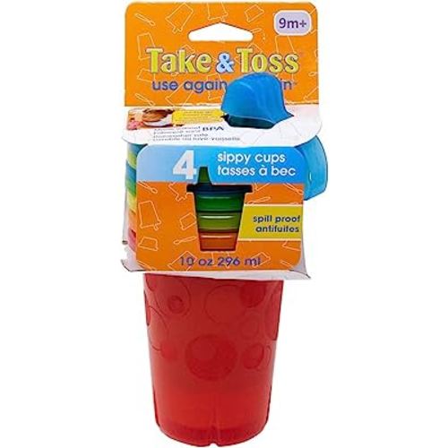 The First Years Take & Toss Spill Proof Sippy Cups - Reusable Toddler Cups - Rainbow - Kids Cups and Snap On Lids for Ages 9 Months and Up - 4 Count