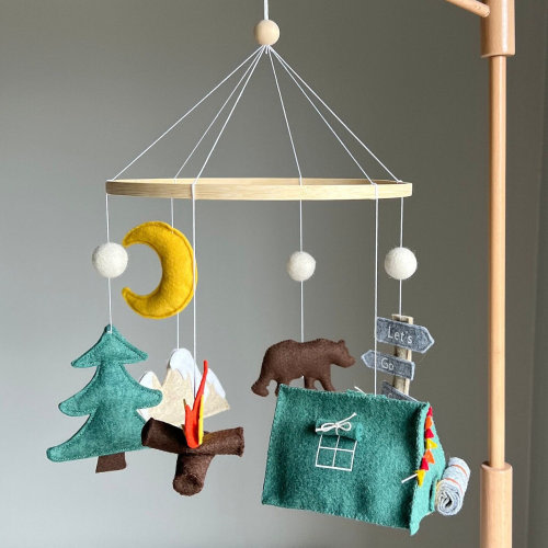 National Park Nursery Mobile,Camping Mobile Baby,Blue Tent Baby Mobile,Woodland Mobile Crib,Green Tent Camping Baby Boy Mobile for Nursery