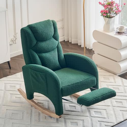 FOXHUNTER Rocking Chair Nursery, Modern Glider Chair with Adjustable Footrest and Solid Wood Legs, High Backrest Nursery Chair with Side Pocket, Rocker Armchair for Living Room Bedroom, Teddy Green
