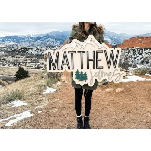 Mountains Name Sign, Large Wood Name Sign, Nursery Name Sign, Mountains Nursery, Above Crib Cut Out, Layered Baby Name Sign, Cut Out Sign - Etsy