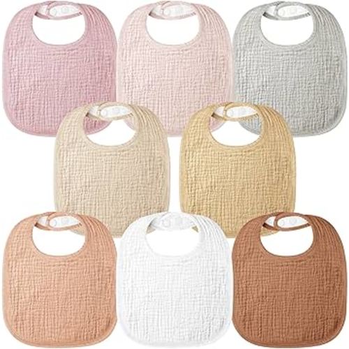 Bearmoss Muslin Baby Drooling Bibs 8 Pack, 100% Cotton Square Adjustable Bandana Bibs for Baby Girls Boys Teething Drool (Pink Brown)