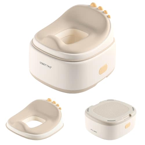 usbettas 3 in 1 Potty Training Toilet, Dinosaur Toddler Potty Training Seat for Boys Girls with Comfortable Cushion, Easy-to-Clean and Anti-Slip Potty Training Step Stool for Toilet (Beige)
