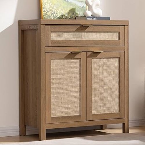 SICOTAS Buffet Cabinet Sideboard with Storage, Rattan Accent Cabinet with Doors Drawer, Boho Credenzas Farmhouse Buffet Table Console Coffee Bar Cabinets for Entryway Living Room, Natural Oak