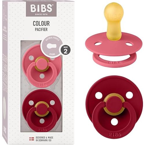 BIBS Pacifiers Colour Collection | Natural Rubber Baby Pacifier | Set of 2 BPA-Free Soothers | Made in Denmark | 6+ Months (Pack of 2) | Coral/Ruby