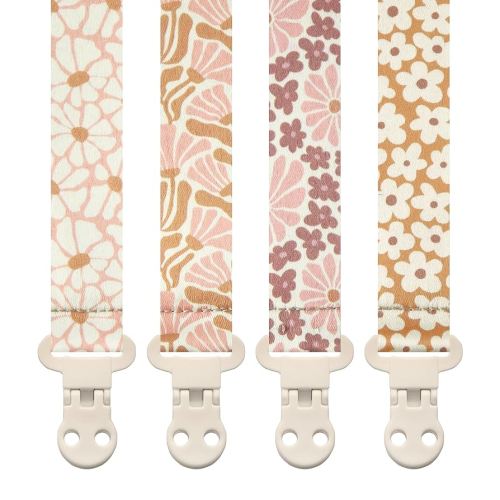 Baby Pacifier Clip Holder - Girl 4 Pack Gift Set – Boho Modern Pink and Beige Flowers Floral (Nolana)