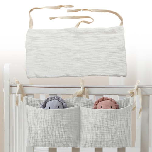 XIPYYKM Cotton Baby Bedside Hanging Storage Bag,2 Pockets Organizer for Baby Cribs and Toys (White)