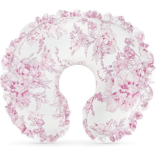 DILIMI Nursing Pillow Cover, Removable Ruffled Pillowcase for Breastfeeding Pillows, Ultra Soft Comfortable Slipcover for Baby Girl and Boy, Pink Floral