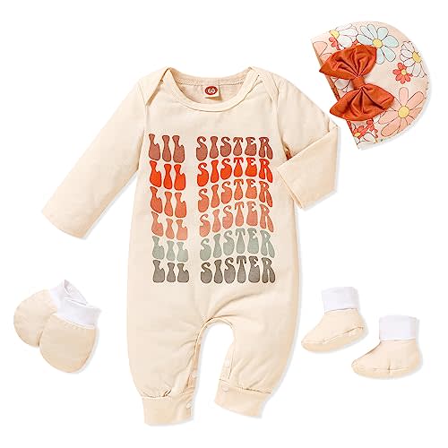 Sinhoon Newborn Baby Girl Romper Infant Letter Print Bodysuit Jumpsuit+Hat+Gloves+Socks 4Pcs Coming Home Clothes Outfit