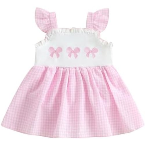Baby Girl Romper Dress Fly Sleeve Frill Bow Letter Embroidered Floral/Plaid Dresses Infant Newborn Girls Outfit Summer