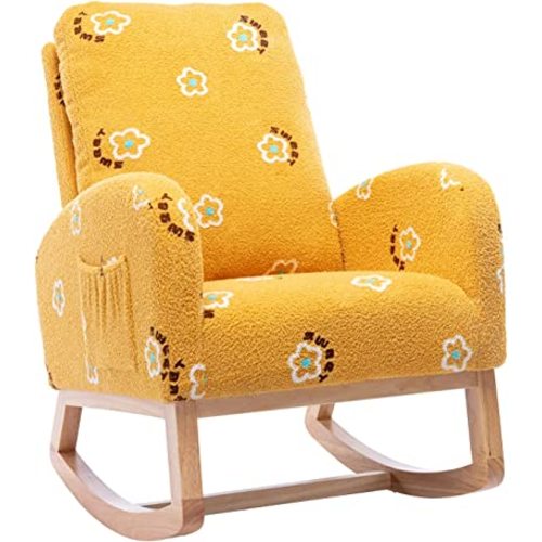 Setawix Teddy Rocking Glider Chair for Nursery,Upholstered Living Room Rocker Arm Chair,Sherpa Wingback Armchair,Mid Century Modern Rocking Accent Chair (Yellow Flower)