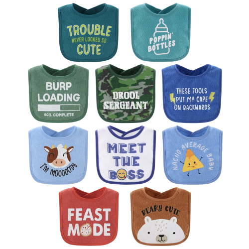 The Peanutshell Oh Boy! Terry Baby Bib 10 Pack Set, Feeding, Teething, Drooling
