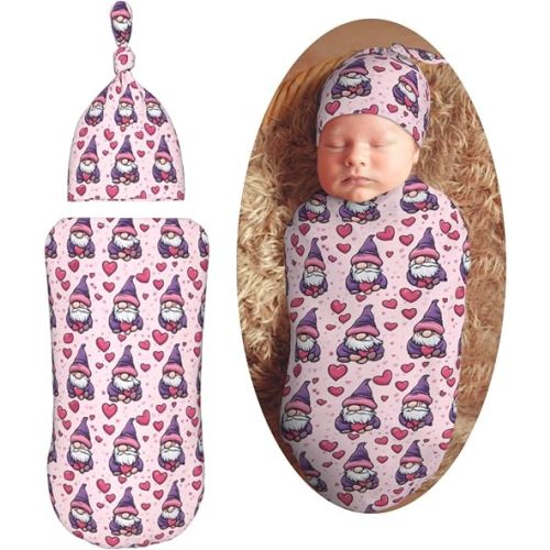 Gnomes with Pink Hats Newborn Swaddle Blankets Hat Sets Soft Baby Receiving Blanket Swaddle Sack for Baby Shower Infant Boy Girl Gift