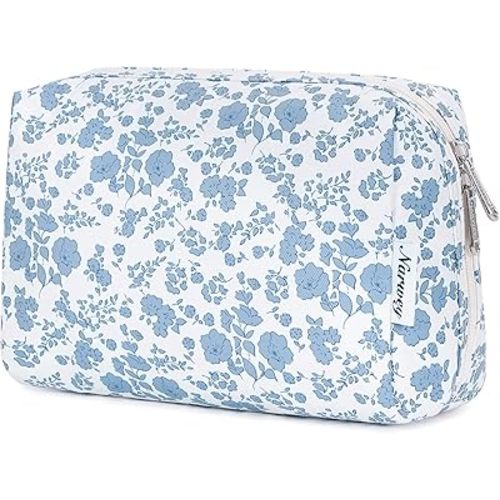 Narwey Cute Floral Makeup Bag Travel Cosmetic Bag Organizer Toiletry Bag Make Up Bags with Organized Pocket for Women Girls (Large, Little Blue Flower)
