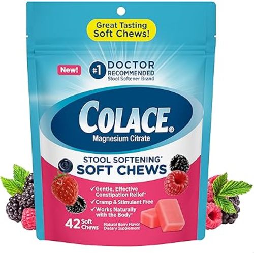Colace Suavizante de heces masticables suaves, alivio del estreñimiento suave, marca de suavizante de heces número 1 recomendado por médicos, 42 masticables de bayas mixtas