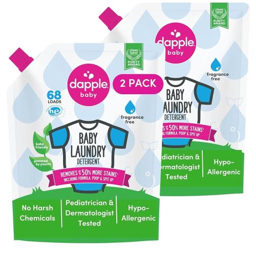 Dapple Baby Laundry Detergent, Powered by Plants, Concentrated, Hypoallergenic, Fragrance Free, Eco-Friendly Pouch, Stain Remover, 34 Fl Oz (2 Pack)