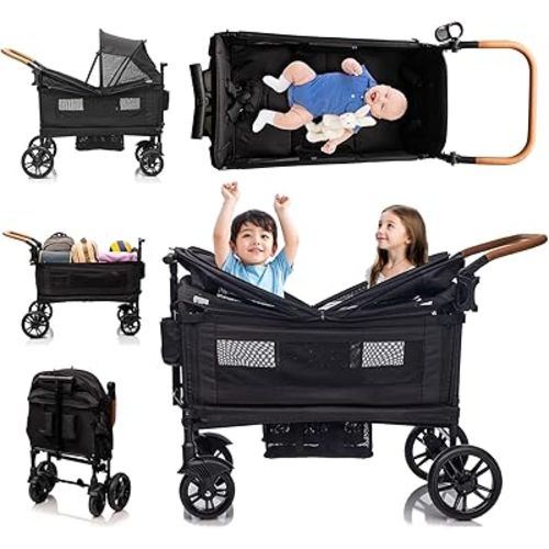 Stroller Wagon for 2 Kids- Lightweight Travel Folding Push Pull Baby Wagon for Newborn&Toddler with 5-Point Harness,Adjustable Canopy,Tray Table,Cup Holder,Storage Pocketsets