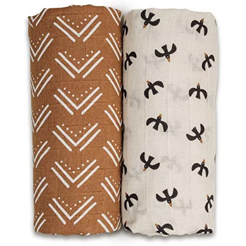lulujo Boho Swaddle Set, Cotton Muslin Blankets, 2 Pack (Mudcloth & Blackbirds)