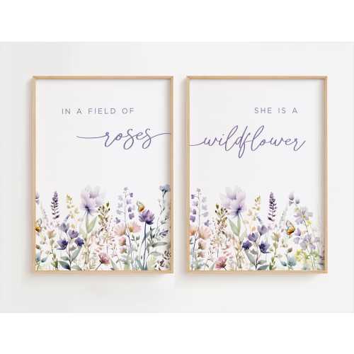 Girl Nursery Wall Art, Purple and Sage Nursery Wall Decor, Flower Prints for Baby Room