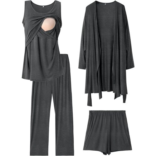 4 PCS Year-Round Nursing Pajamas Robe Set Postpartum Pajama Gown Breastfeeding Pj for Hospital Labor Delivery Clothes