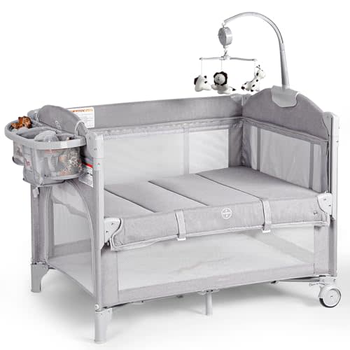 Rinnebbit Baby Bassinets Bedside Sleeper, 4 in 1 Portable Bedside Crib w/Mattress, Diaper Changer, Storage Basket, Music Box, Carry Bag, Foldable Playard Sleeper for Newborn (Light Gray)
