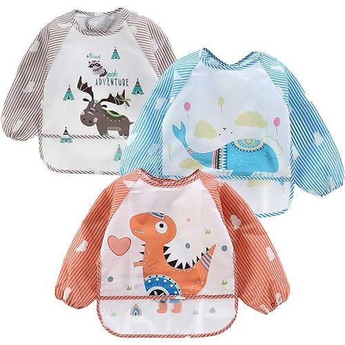 (3 Pack) Long Sleeve Bibs| Baby Feeding Bib Smock Bibs| Baby Bibs with sleeves for Baby Infant Toddler 6-36 Months