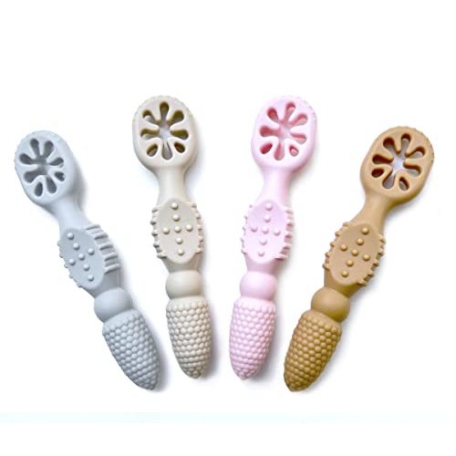 YMCF Products Baby's First Spoon | Self-Feeding Spoon | Toddler Utensil | BPA-Free Silicone 4-Pack (Natural Rose)