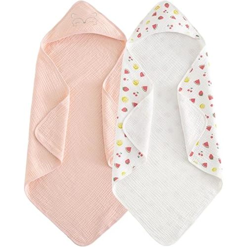 PHF 100% Muslin Cotton Baby Hooded Towels, 2 Pack Bath Towel with Hood for Newborn, Infant, Toddler, Ultra Soft and Absorbent Baby Bath Essentials, Shower Gifts for Girls, 32x32Inch, Fruits