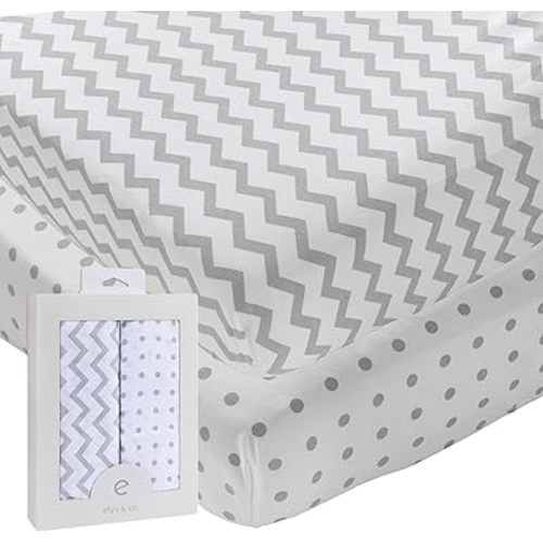 Ely’s & Co. Crib Sheets, Baby Boy/Girl Fitted Crib Mattress Sheet Set, 2 Pack, 100% Jersey Knit Cotton, Infant and Toddler Nursery Bedding, Grey Chevron and Polka Dot Print, 28” x 52”
