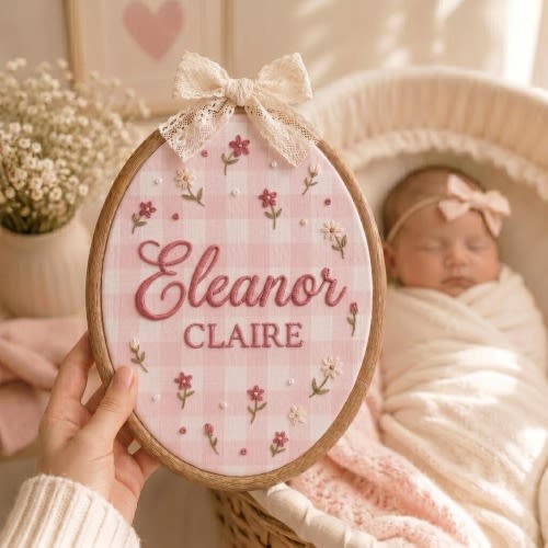 Personalized Embroidered Floral Baby Name Hoop, Baby Name Reveal Sign Heirloom, Baby Name Wall Decor, Baby Shower Gift, Newborn Keepsake