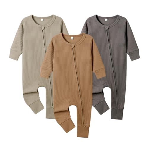 Bafeicao 3 Pack Baby Boy Girl Rompers with Mitten Cuffs, Ribbed Cotton 2 Way Zipper Romper One Piece Jumpsuits Clothes
