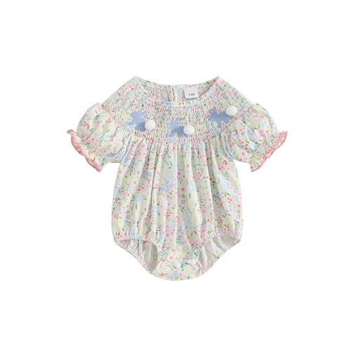 Kiluex Infant Baby Girl Romper Bunny Embroidery Floral Print Jumpsuit Ruffled Short Smocked Sleeve Bodysuits
