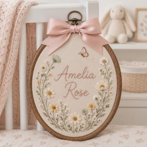 Custom Embroidered Wildflower Baby Name Hoop, Personalized Pink Floral Nursery Sign, Newborn Announcement Keepsake Gift
