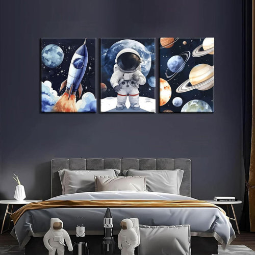 Trinx 3Pcs Astronaut Canvas Wall Art Nursery Space Adventure Posters Prints Modern Space Themed Pictures Painting Cosmic Galaxy Adventure Wall Decor For Nursery Decor Framed | Wayfair