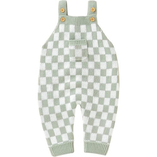 Infant Baby Girls Boys Overalls Checkerboard Plaid Print Knitted Jumpsuit Romper Straps Suspender Long Pants Outfits - 0-3 Months - Light Green