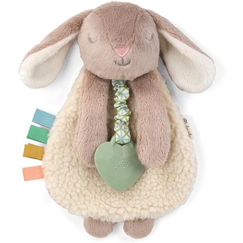 Itzy Ritzy - Itzy Lovey Including Teether - Baby Lovey with Teether, Textured Ribbons & Dangle Arms - Features Crinkle Sound, Sherpa Fabric and Minky Plush (Taupe Bunny)
