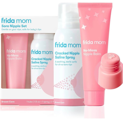 Frida Mom Nipple Cream and Saline Spray Set, Breastfeeding Essentials for New Moms, Cracked Nipple Saline Spray and No-Mess Cream, 2pc Set