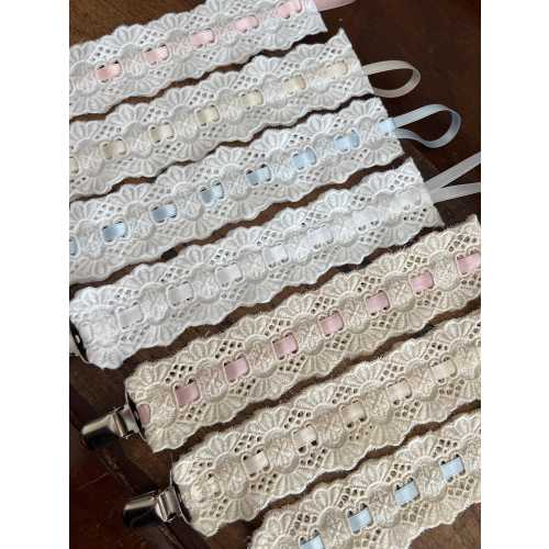 White or Ecru Heirloom Fancy Pacifier Clip Holder Made with Cotton Lace and Satin Ribbon Pink Blue Ivory White Baby Girl Boy Dressy