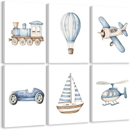 Baby Boy Nursery Wall Art Transportation Blue Car Canvas Prints Vintage Toddler Vehicle Pictures Decor Hot Air Balloon Airplane Nursery Poster for Kids Boys Room Bedroom 8x10x6 Inch Wrapped Canvas