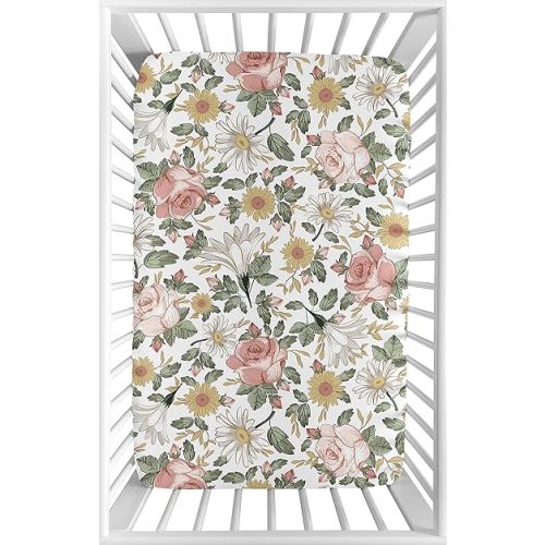Sweet Jojo Designs Vintage Floral Boho Girl Fitted Mini Crib Sheet Baby Nursery for Portable Crib or Pack and Play - Blush Pink, Yellow, Green and White Shabby Chic Rose Flower Farmhouse