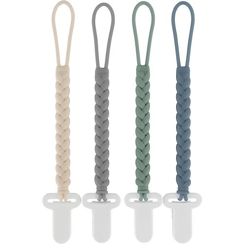 4-Pack Silicone Pacifier Clips with a Woven Rope Shape for Baby Boys and Girls - Flexible and Rust-Free Holders for Teething Relief and Baby Essentials, Safe for Newborns (Grey)