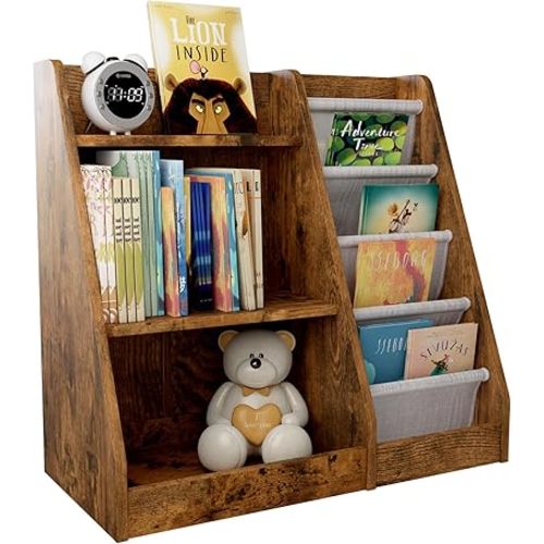 Kids Bookshelf for Bedroom Toddler Children Baby Bookcase 3-Tier for Nursery Book Toy Storage Organizer 4 Sling Adjustable Display Shelf Book Rack Wood Classroom Playroom Rustic Brown