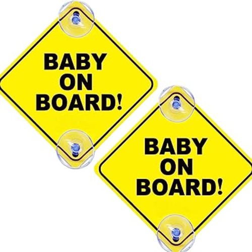 2PCS Baby On Board Signs with Suction Cups, 5"x5" Reusable Baby Safety Warning Decal For Car Windows