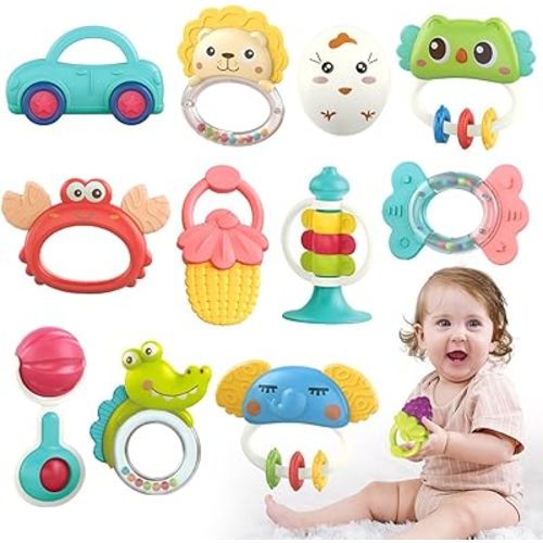 Qizebaby Baby Toys 6 to 12 Months, 12PCS Rattle Baby Teething Toys, Shaker Grab and Spin Rattles Set, Music Learning Toys for 0 1 2 3 4 5 6 7 8 9 10 11 12 Month Newborn Infant Toddlers Boys Girls