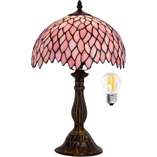 WERFACTORY Tiffany Table Lamp Pink Wisteria Style Stained Glass Desk Bedside Reading Light 12X12X18 Inches Decor Bedroom Living Room Home Office S523 Series