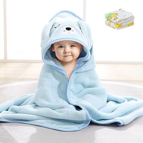 Hooded Baby Towel with 2 Towel for Kids, Premium Soft Bath Towel for Newborn, Infant, Natural Baby Stuff Towel, Soft Coral Bath Towel for Boys and Girls 80x80cm (Blue)
