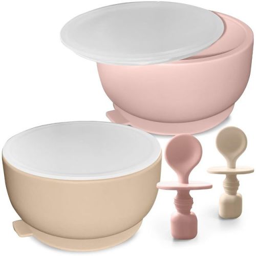 Sperric Silicone Baby Feeding Set - Infant Suction Bowls With Lids And Spoons | Bpa Free Toddler Self Feeding Utensils For 0-6 Months (beach Sand)