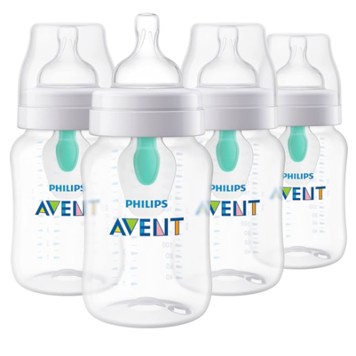 Philips Avent Anti-Colic Baby Bottle with AirFree Vent, 9oz, with Flow 2 Nipples, 1m+, 4pk, Clear, SCY703/04