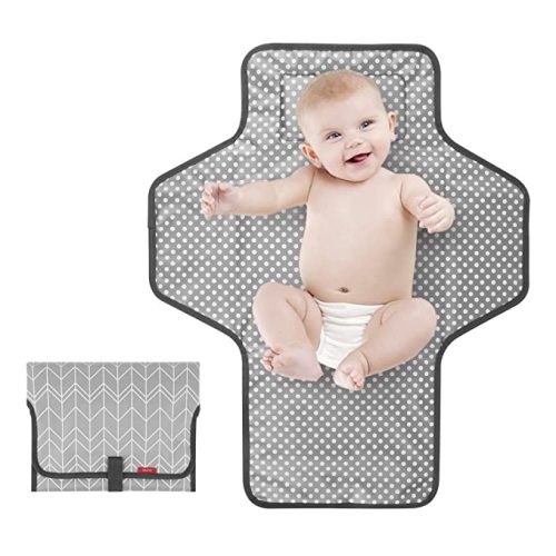 Portable Changing Pad for Baby|Travel Baby Changing Pads for Moms, Dads|Waterproof Portable Changing Mat with Built-in Pillow|Excellent Baby Shower/Registry Gifts - Grey Wave Print
